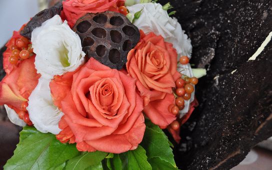 Terracotta Rose, Lisianthus, Lotus Pod & Vibernum Berry Bouquet